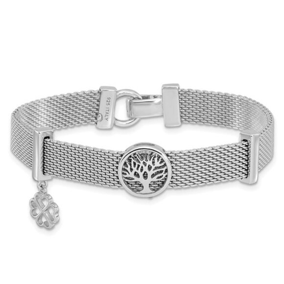 925 Sterling Silver Rh-plated Mesh Tree with Irish Clover Dangle 6.75in Bracelet